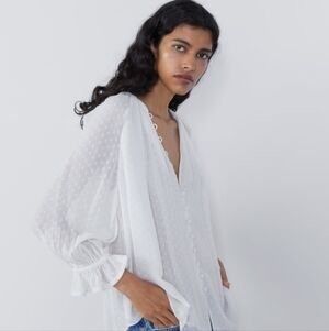 ZARA XS White Button Up Mesh Polka Dot Sheer Blouse